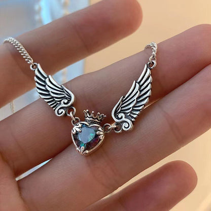 Vintage Gothic Heart Crown Angel Wings Pendant Necklace