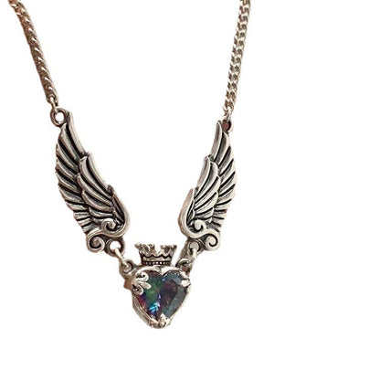 Vintage Gothic Heart Crown Angel Wings Pendant Necklace